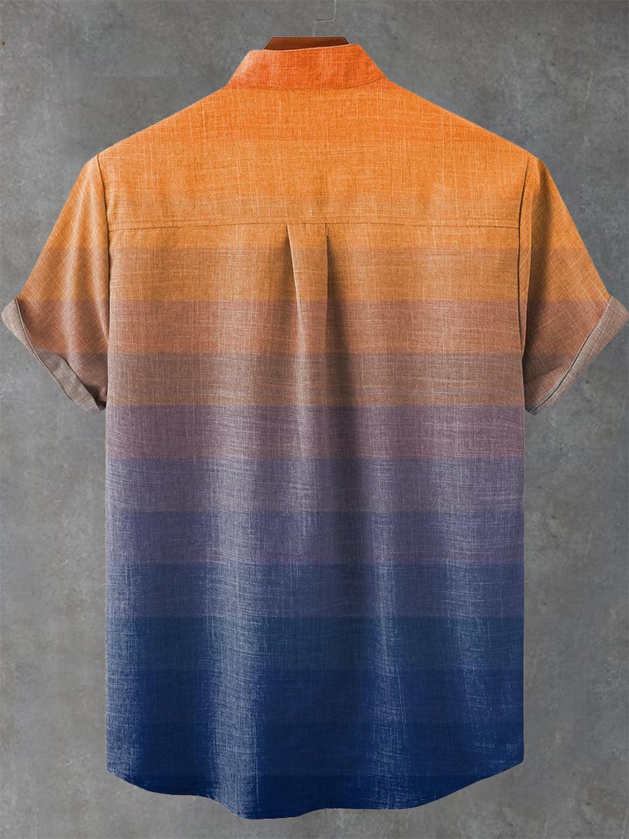 Simple Splicing Color Vintage Print Cotton Linen Casual Shirt