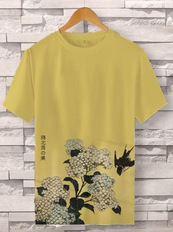 Men's Cotton Hokusai Art Hydrangea And Swallow Print Casual T-Shirt