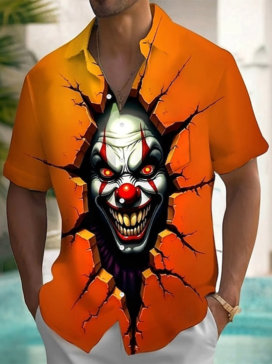 Holiday Halloween Clown Art Print Men's Button Pocket Short Sleeve Shirt Big & Tall