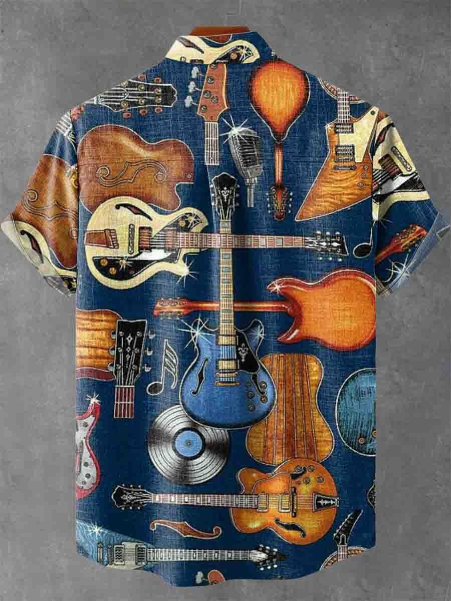 Various Types of Electric Guitars and Musical Notes Decorative Patterns Cotton Linen Casual Shirt